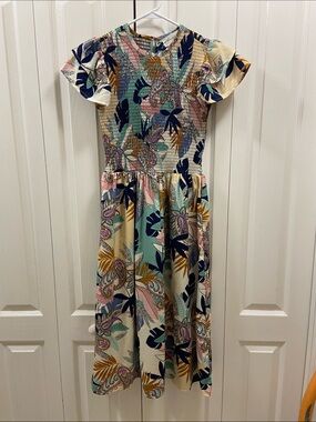 Floral Smocked Midi Dress in Pastel Teal and Cream